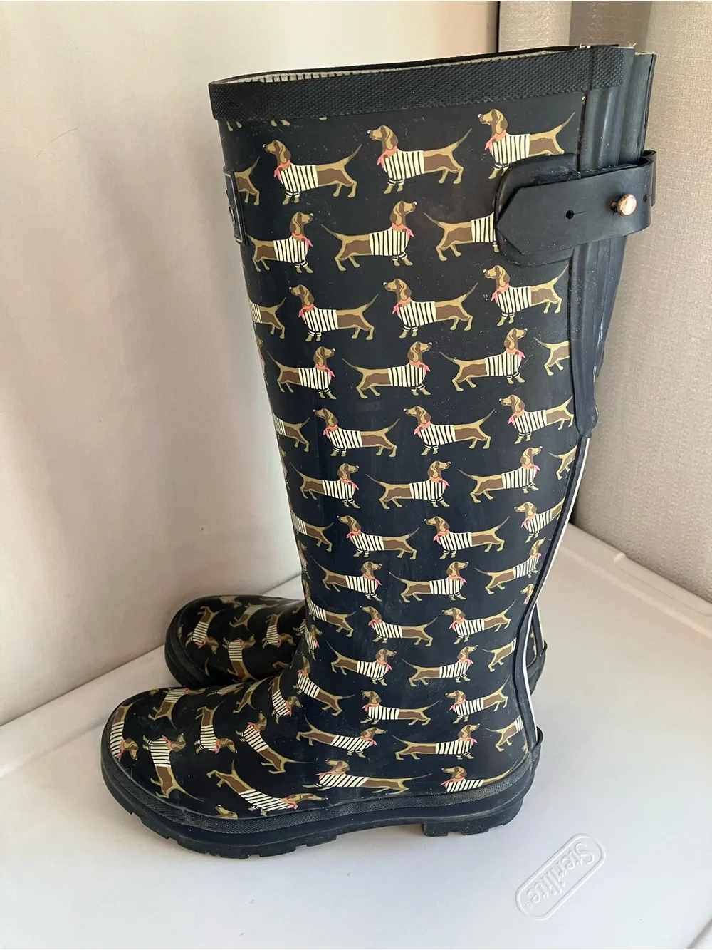 Joules Black tan Dachshund Weiner Dog Print Tall Rain Boots Wellies women’s 7